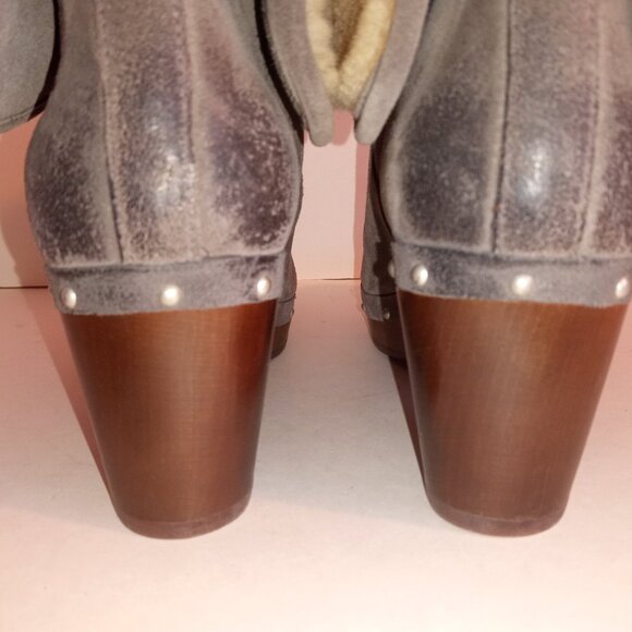 UGG Lynnea Wm 7US/38EU Gray Suede Shearling Ankle Boots Wooden Clog Soles - Picture 10 of 12